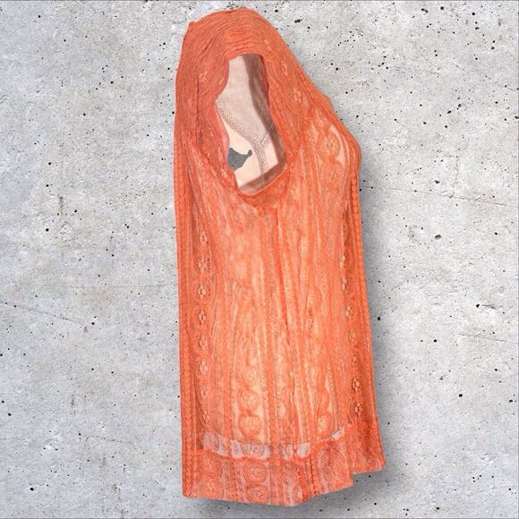 Fossil Sheer Lace Coquette Top V Neck Y2K Boho Fairy Womens’s Medium Orange - Picture 3 of 9